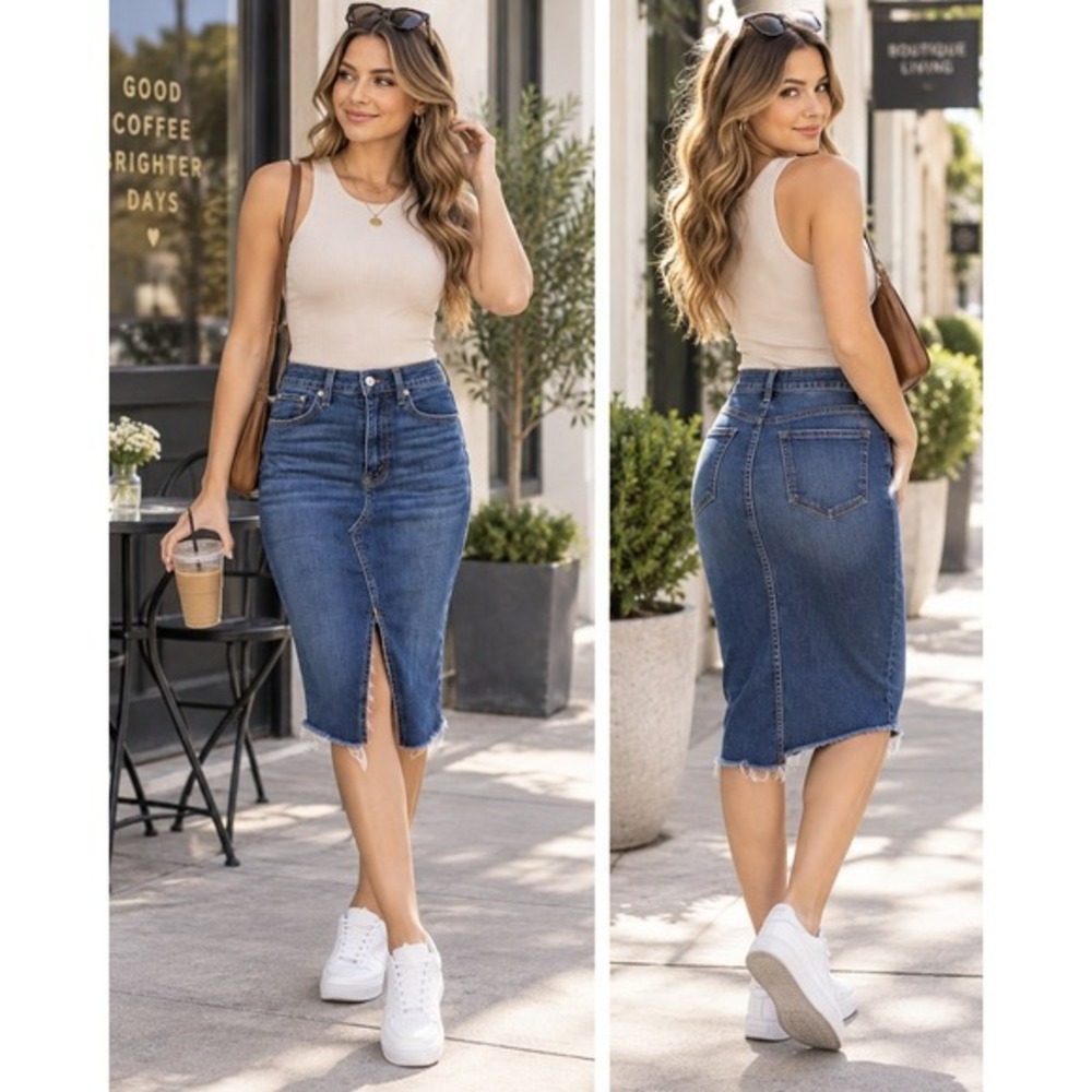 Abercrombie & Fitch Natural Rise Denim Midi Skirt 26 Size 2 Raw Hem Front Slit